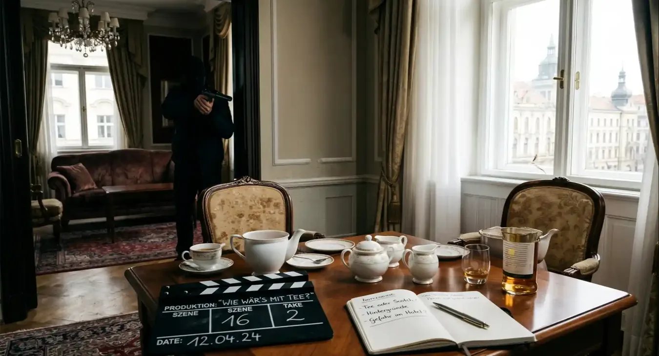 Ein luxuriöses Hotelzimmer auf dessen Tisch ein Teeservice und eine halbleere Flasche Scotch steht Im Hintergrund befindet sich ein Killer
